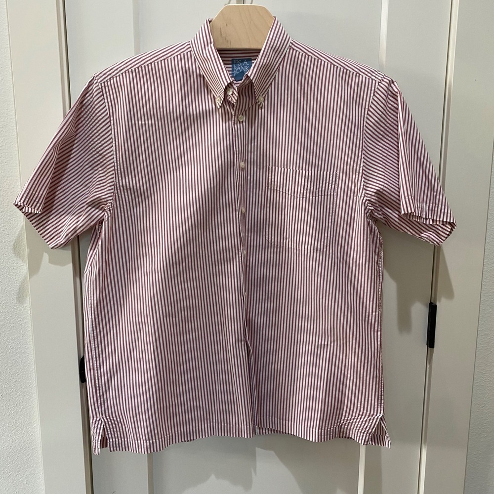 Jos. A. Bank Stays Cool Mens Large Red White Striped Short Sleeve Button Down